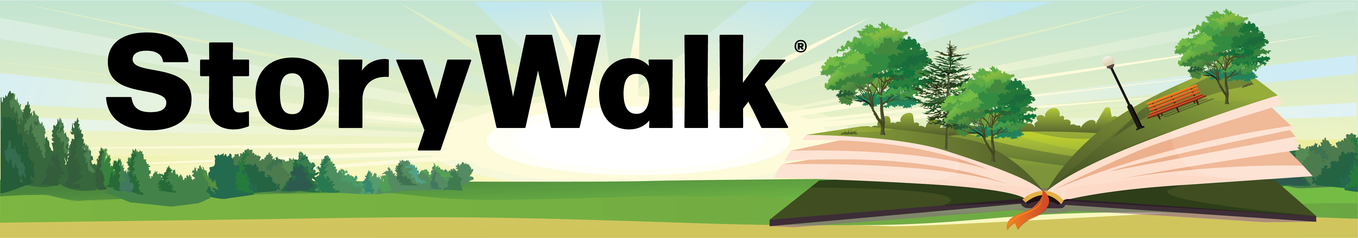 The text StoryWalk® on a background showing a park coming out of an open book.